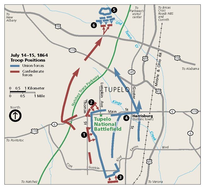 A map showing the movements of Federal and Confederate forces during the Battle of Tupelo.