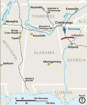 A map of railroads and battlefield movements during the Civil War