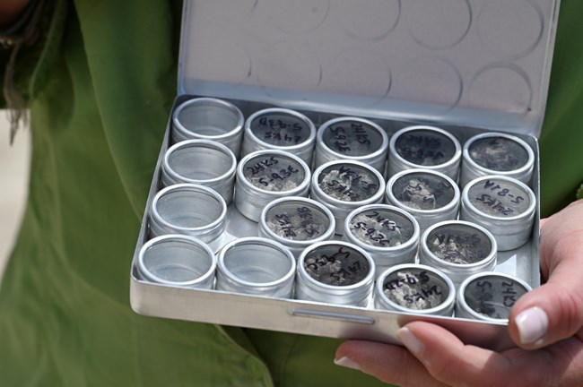 9 round metal containers in a rectangular box filled with charcoal