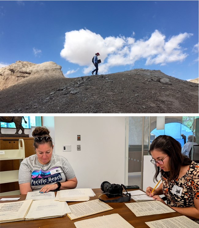 Top: a woman hikes on top of a sandy hill with a blue sky in the background. Bottom: two women take notes while reading historic documents on a table.