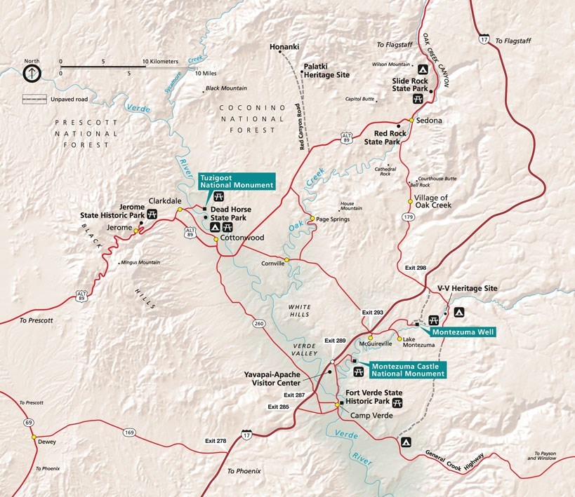 Map of the Verde Valley showing Tuzigoot National Monument & surrounding towns
