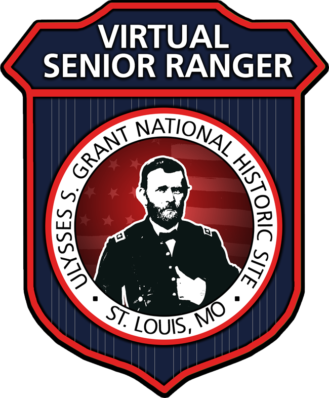 Red, white and blue virtual senior ranger badge with an image of Ulysses S. Grant