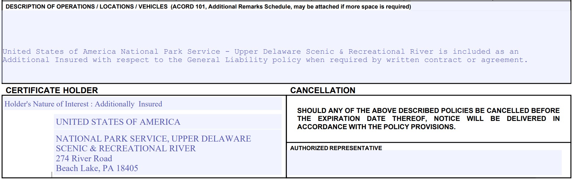 screenshot of part of example certificate of liability insurance. Notable is in both the "Description of Operations" and "Certificate holder" boxes, the "United States of America" is listed as "additionally insured"