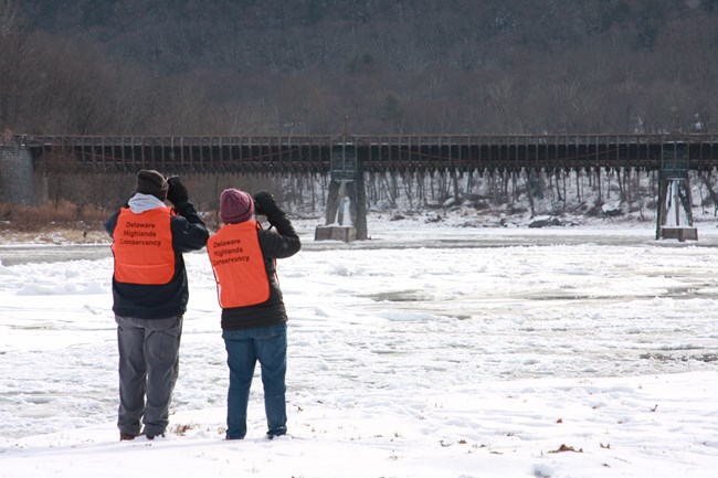 Two volunteers in bright orange vests look through binoculars into distance, backs to the camera. In the distance is a bridge over an iced-over river.