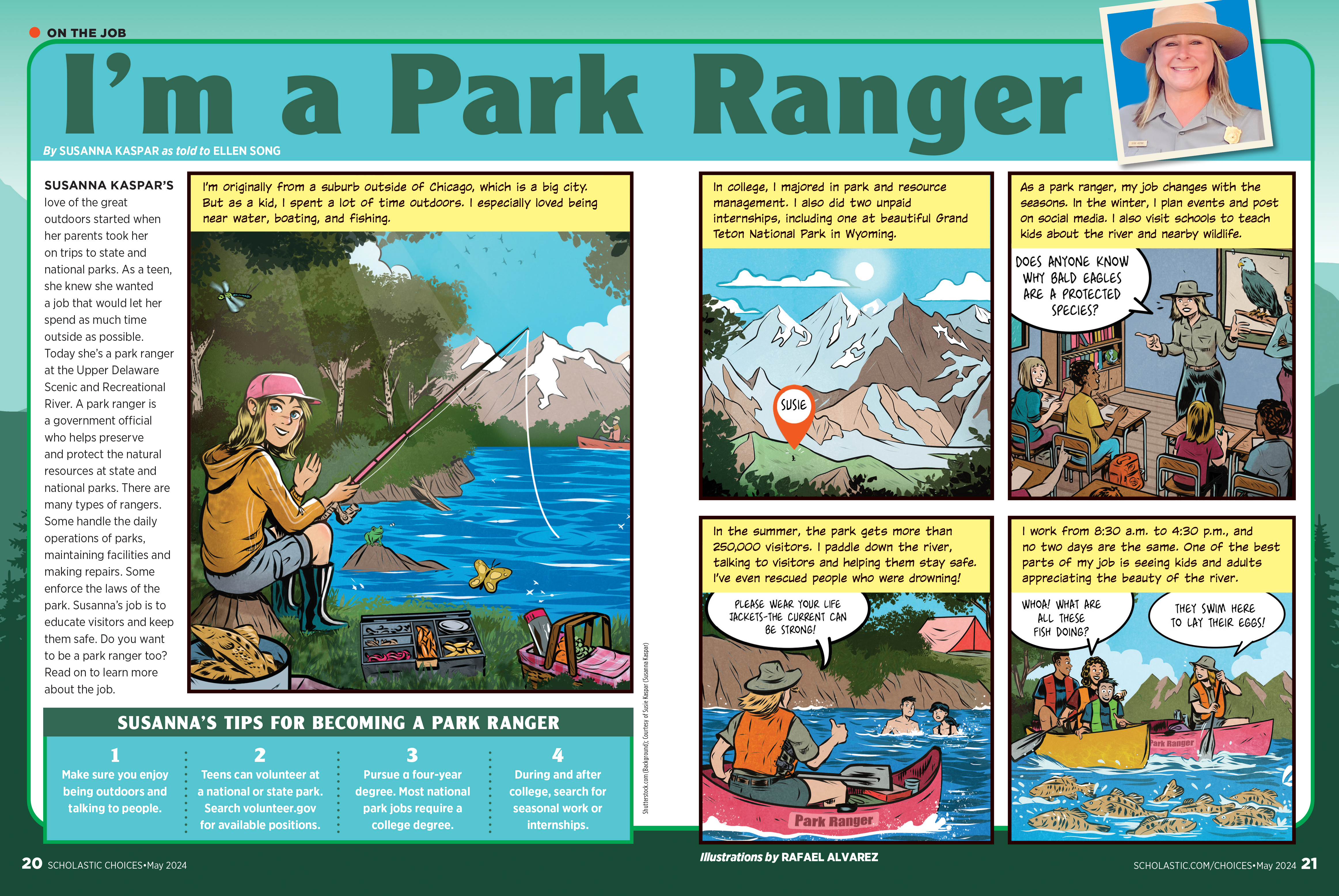 double-page comic spread of female park ranger telling about her experience as a ranger. Full description available on rest of webpage.