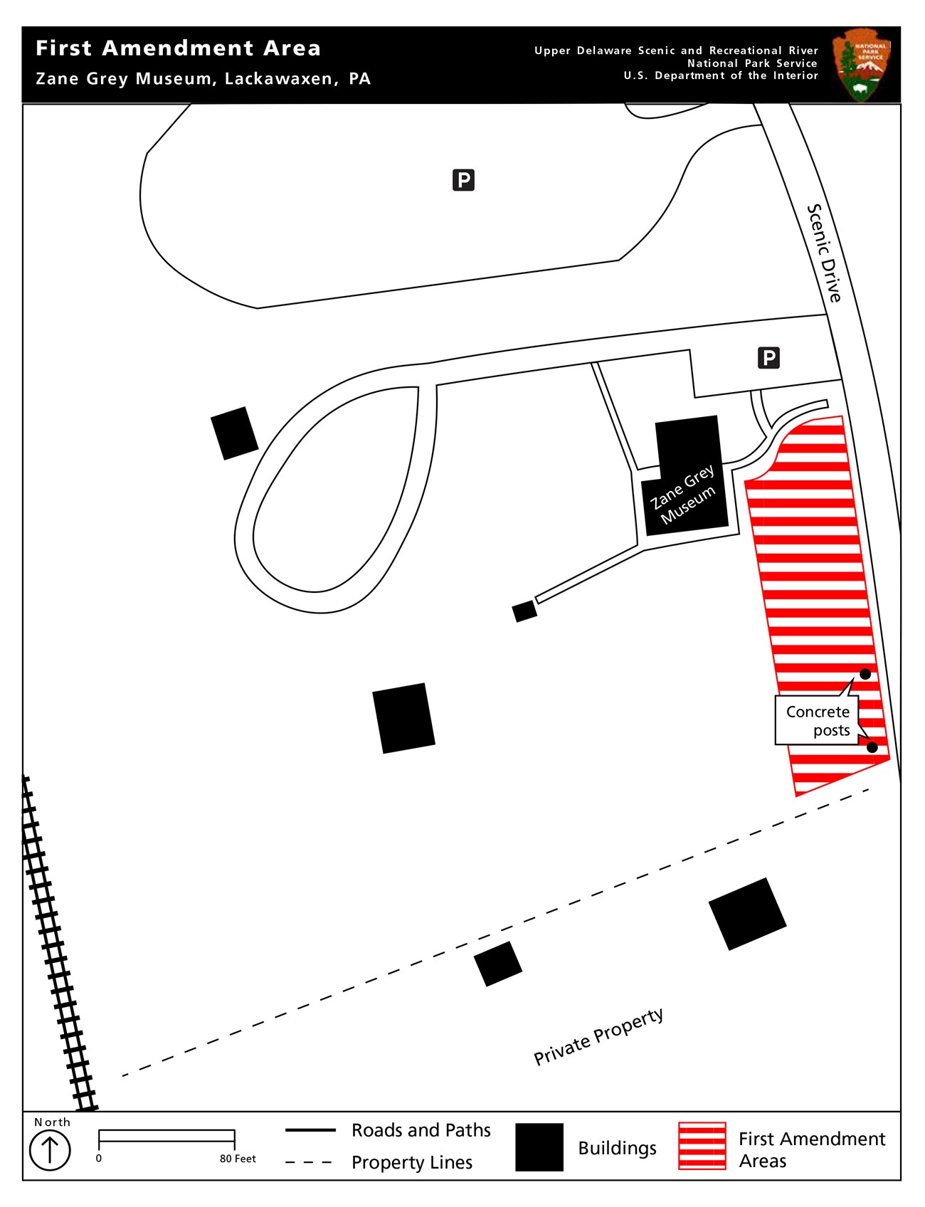 aerial map of first amendment area near the Zane Grey museum, marked in red stripes.