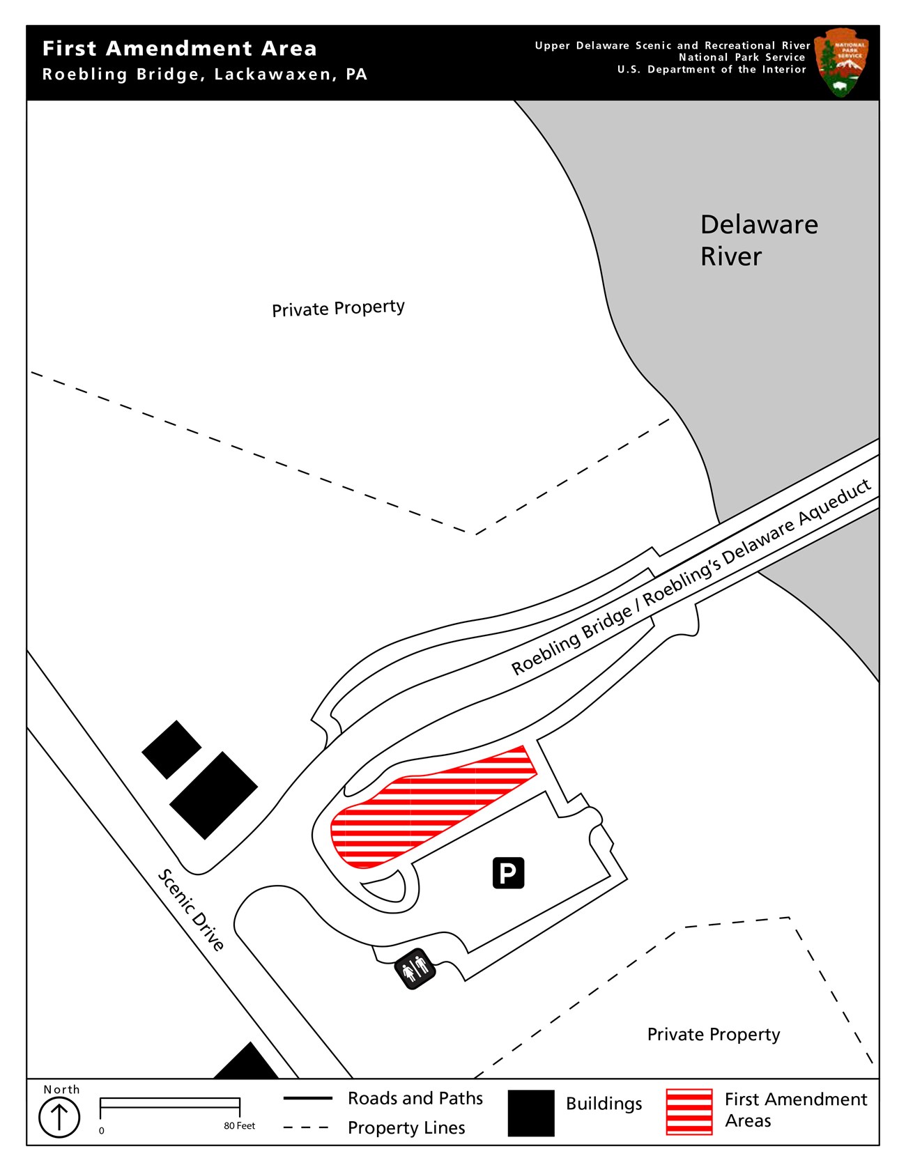 Aerial map showing first amendment area location, marked with red stripes on map.