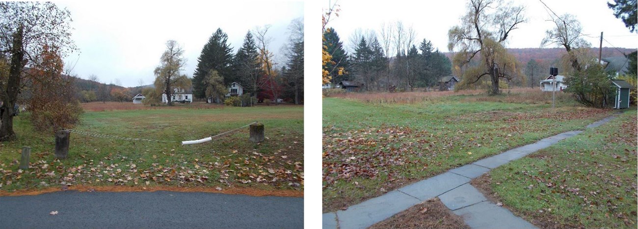 two photos. Photo 1 is a view of a grassy field with white houses and trees in background. Viwer stands on paved area next to field, behind rope barrier. Photo 2 shows grassy area with T-shaped walkway of flat stone slabs connecting foreground to a shed.