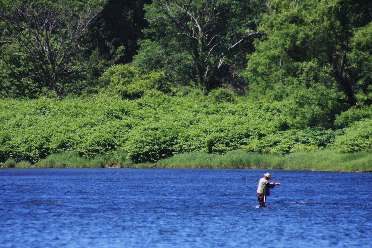 Fisherman stands knee-deep in azure blue river water, stands with weight backwards, ready to cast line.