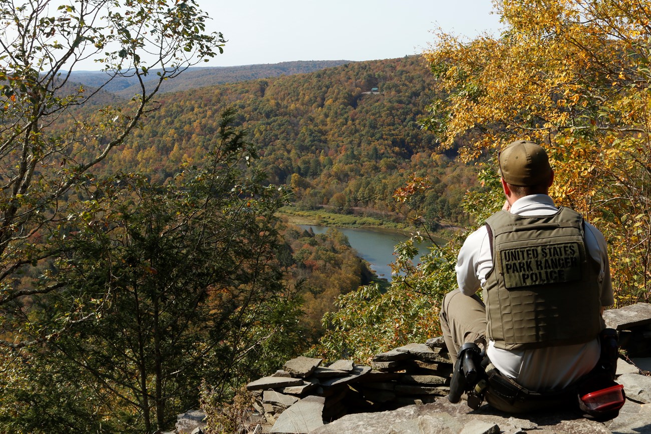 park ranger sitting at rocky outcropping, overlooking delaware river valley at Jensens Ledges. Trees are red, orange, yellow, and green with fall colors.