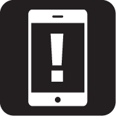 black and white icon of smartphone with exclamation mark on its screen