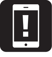 black and white icon of smartphone with exclamation mark on its screen