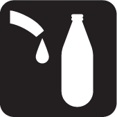 black and white icon of water bottle and end of hose or spout with water dripping from it.
