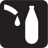 black and white icon of water bottle and end of hose or spout with water dripping from it.