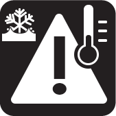 black square icon with white triangle with "!" inside. ARound it is a snowflake icon partially submerged in water and a thermometer at a low temperature.