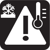 black square icon with white triangle with "!" inside. ARound it is a snowflake icon partially submerged in water and a thermometer at a low temperature.