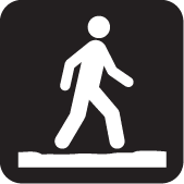 black and white icon of person walking on a trail/path, shown in white