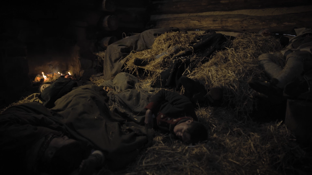 photograph, indoors, fire, hay, soldiers sleeping