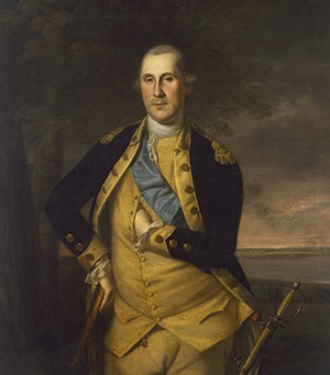 Oil painting of a middle-aged George Washington, left hand inside his coat and a saber by his side.