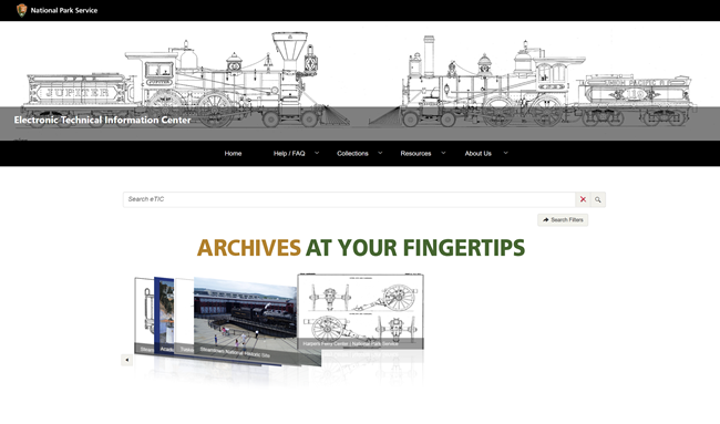 webpage with technical drawing of a train and search bar. text reads archives at your fingertips