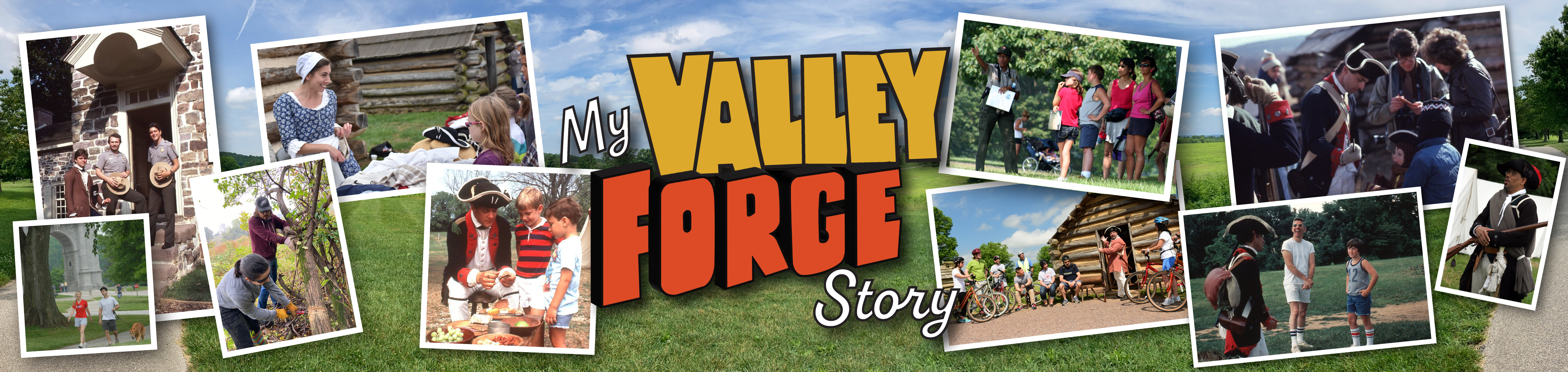 A collection of snapshots of rangers and visitors outside log huts, stone buildings, wearing living history clothing, walking, and with bikes.