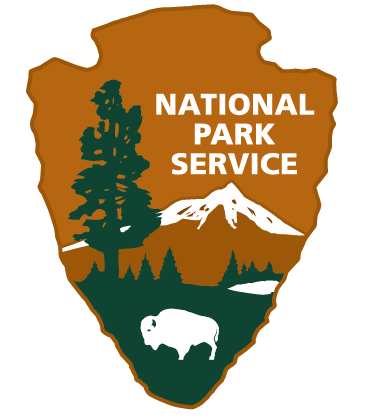 graphic, logo, National Park Service, mountain, lake, trees, bison.