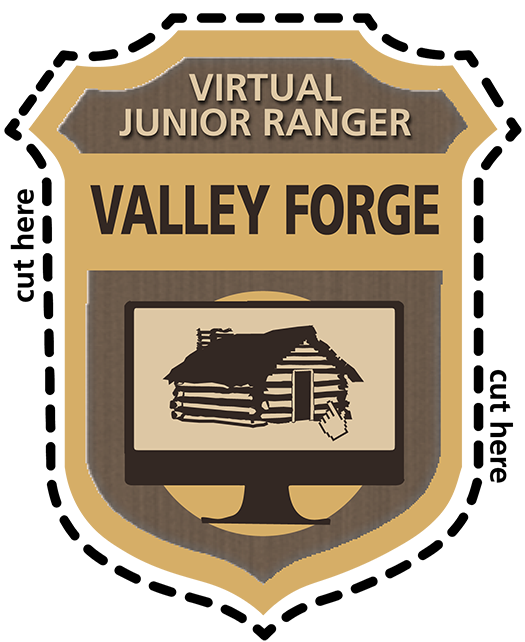 graphic, badge, virtual junior ranger, valley forge, log hut illustration, finger point computer mouse icon, dotted line outline, cut here