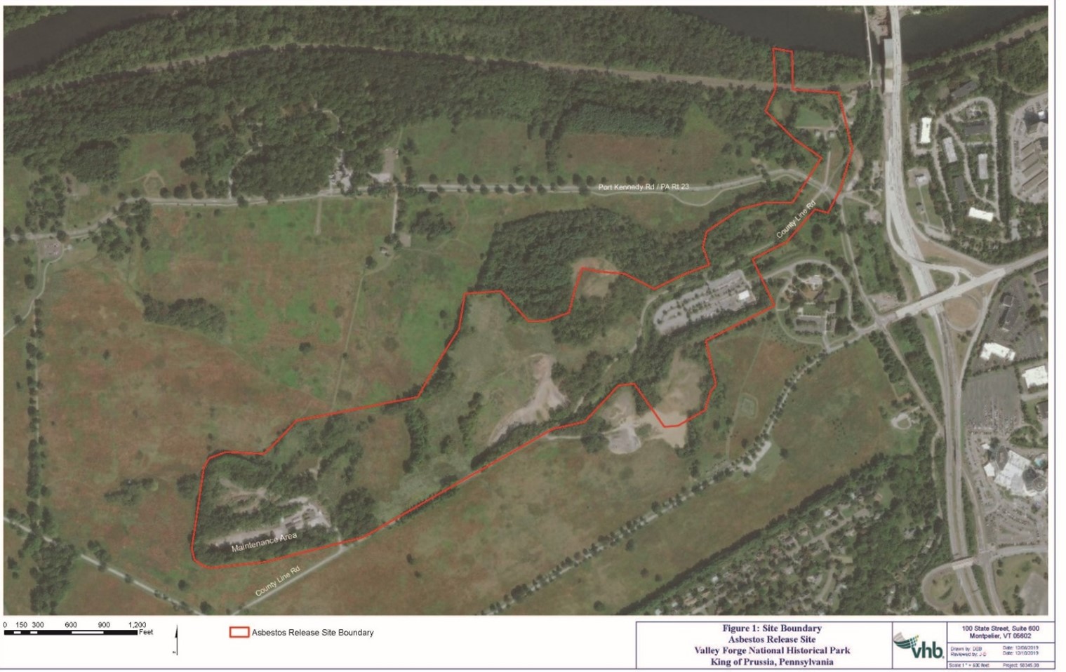A satellite image of a part of Valley Forge National Historical Park south of the Schuylkill River. A red outline highlights the Asbestos Release Site
