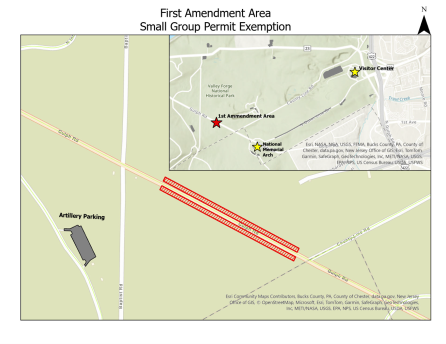 Illustrated map Artillery Park parking lot, Baptist, County Line Rd, and Gulph Road. 2 parallel strips are highlighted on Gulph Road between Baptist and County Line. Inset map has red star and 2 yellow stars marking 1st amendment, arch, and visitor center