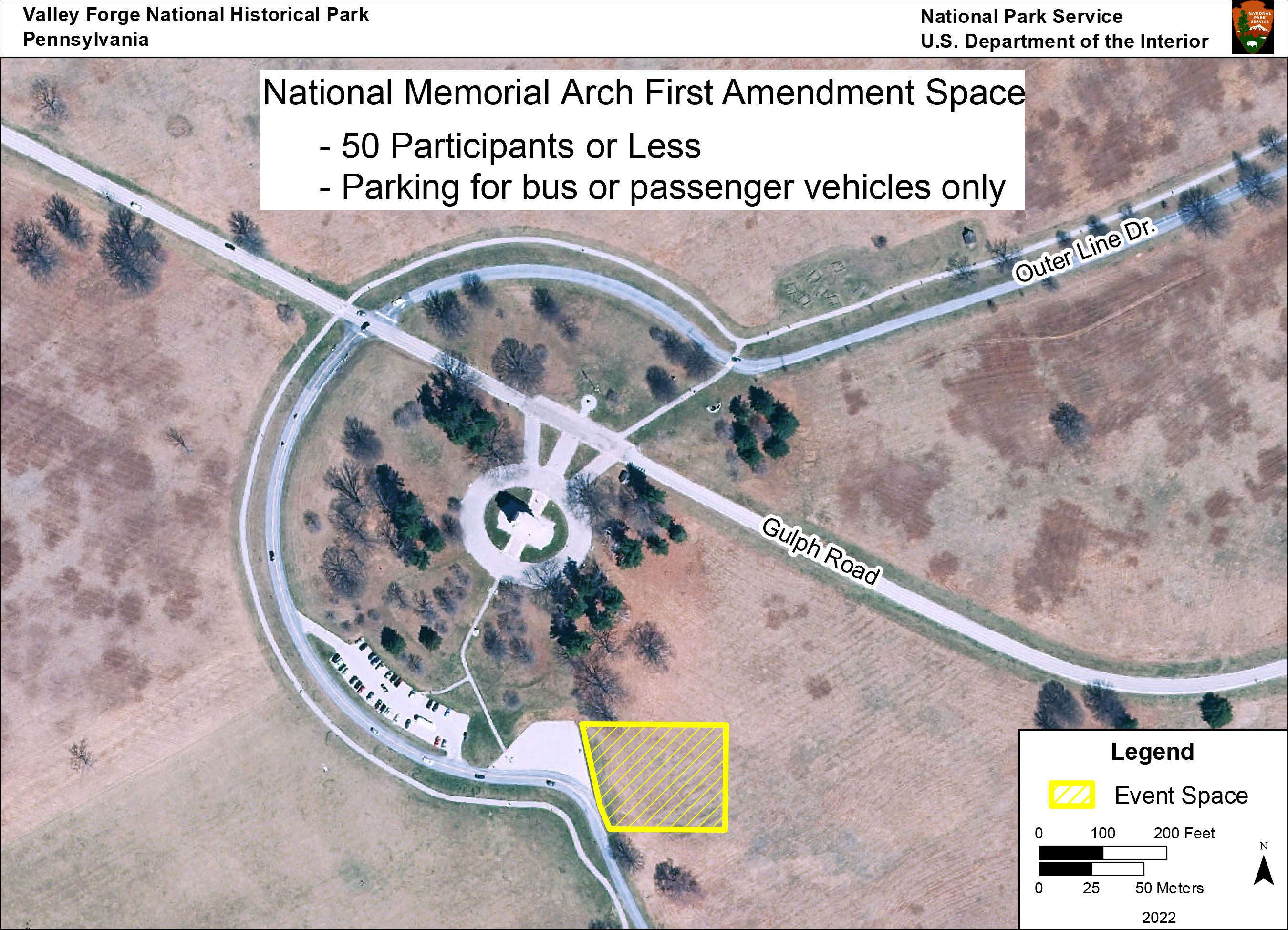 top down view of national memorial arch area. section east of parking lot is outlined and highlighted