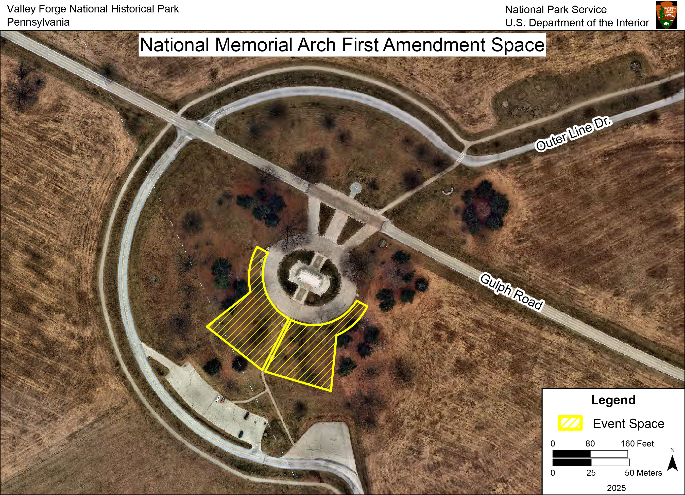 A top-down aerial photograph of the area around the national memorial arch. An area south of the monument surrounding the roundabout is highlighted.