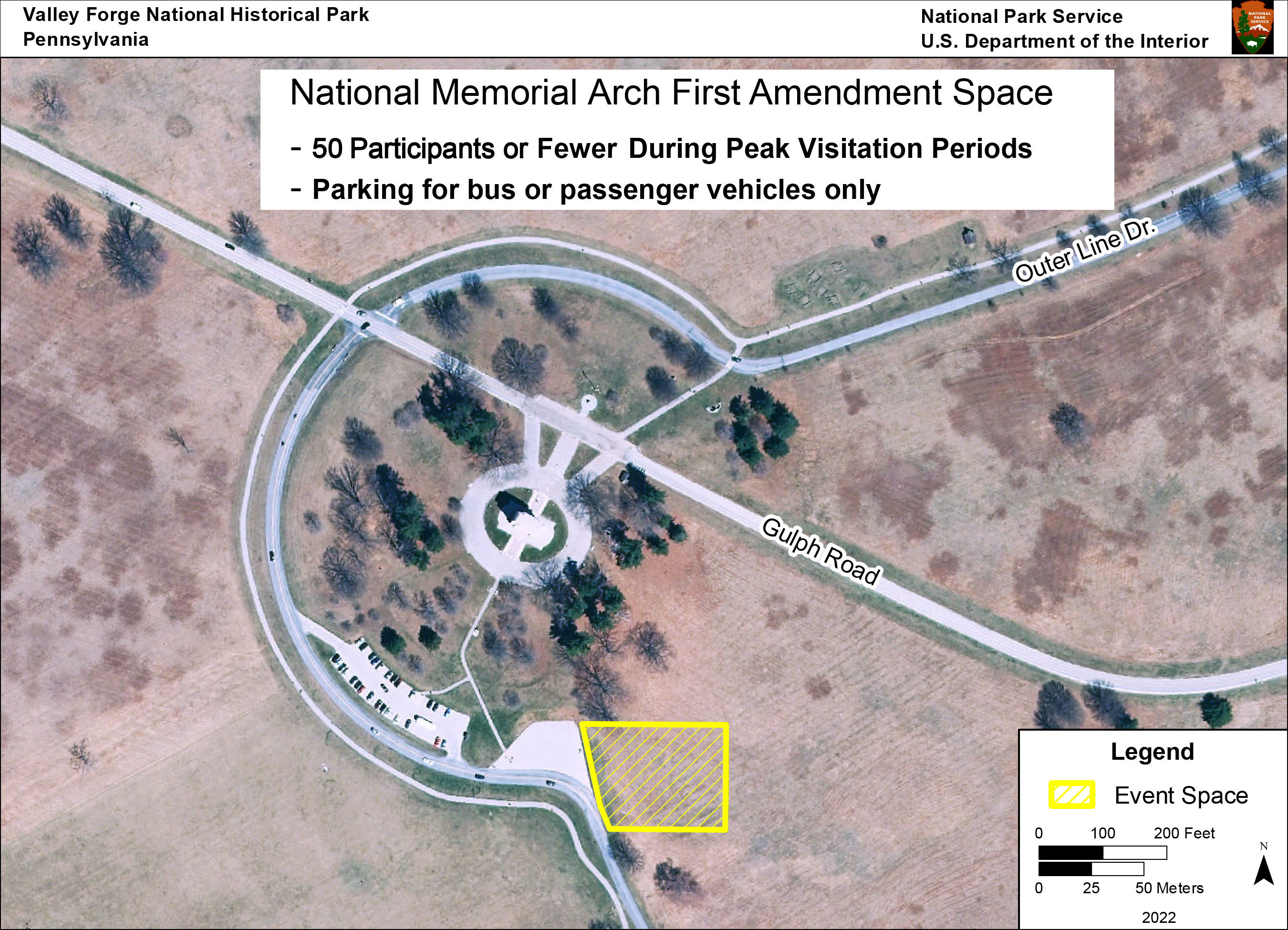top down view of national memorial arch area. section east of parking lot is outlined and highlighted