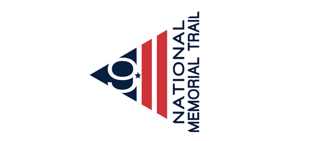 illustrated logo in the shape of a triangle pointing to the left. stylized 911 and text reads National Memorial Trail