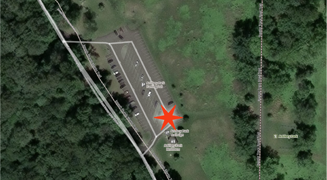 Aerial photo of Artillery Park area with red star in parking lot next to restroom