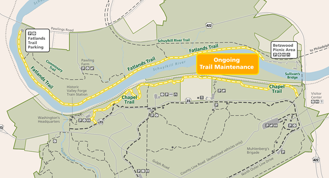 illustrated map showing fatlands trail along the north shore of the rive and chapel trail along the south shore.