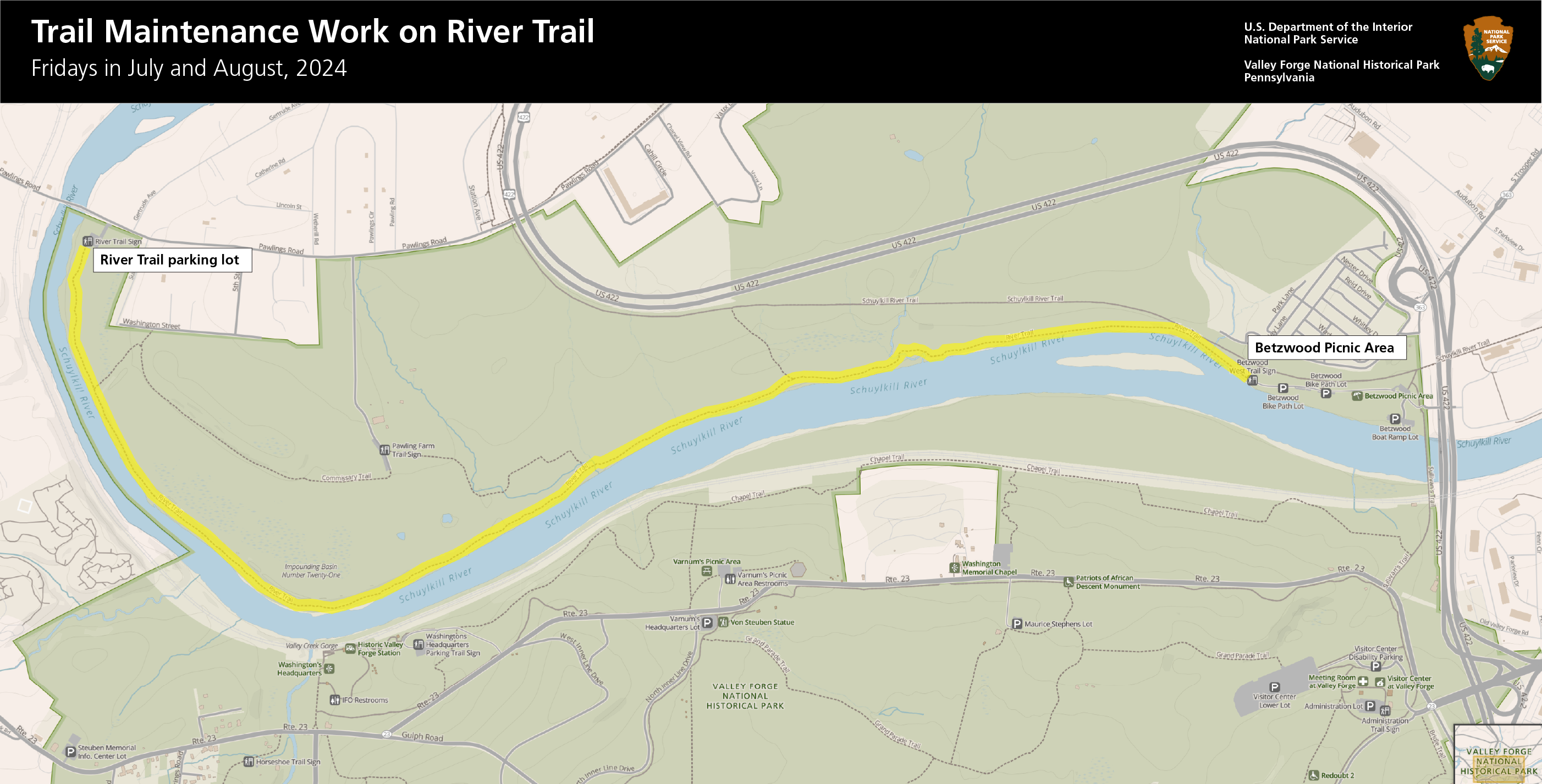 A map showing a highlighted 3-mile section of trail paralleling the Schuylkill River.