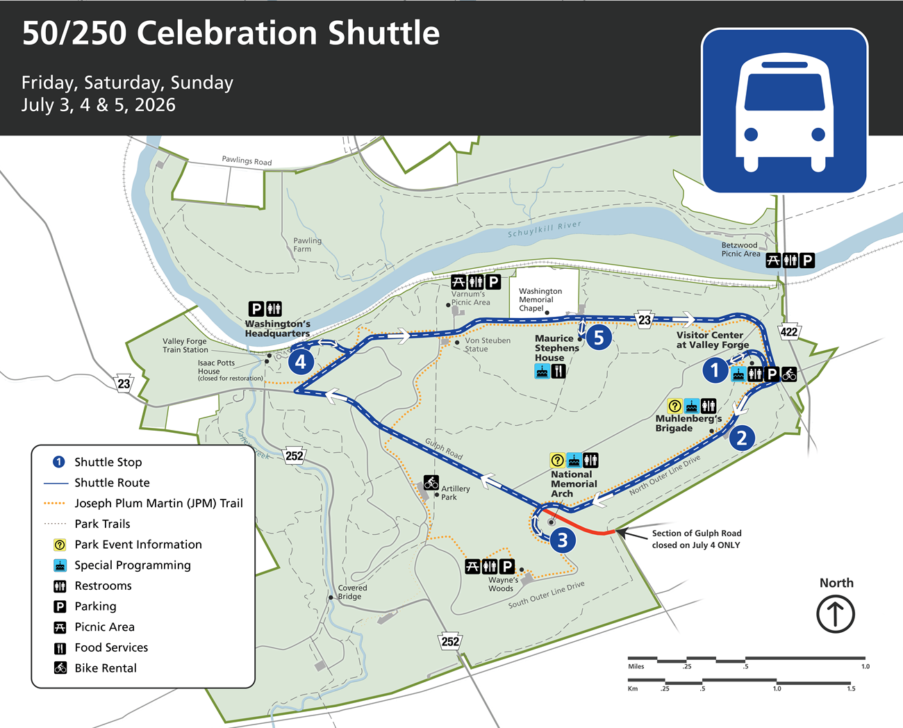 5 shuttle stops located around Valley Forge National Historical Park for the 50/250 Celebration July 3, 4, 5 2026