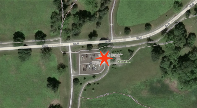 Aerial photo of the General von Steuben statue area with star next to the information kiosk