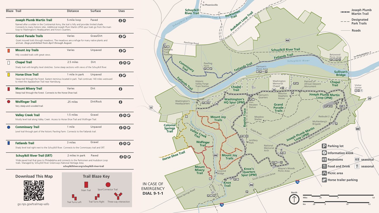illustrated map graphic showing color coded hiking and biking trails at Valley Forge National Historical Park