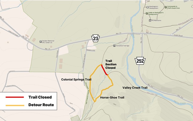 illustrated map showing the a closed section of Trail connecting Valley Creek Trail to the Horse-Shoe Trail trailhead access on Route 23. Detour route on Colonial Springs and Horseshoe Trails is highlighted
