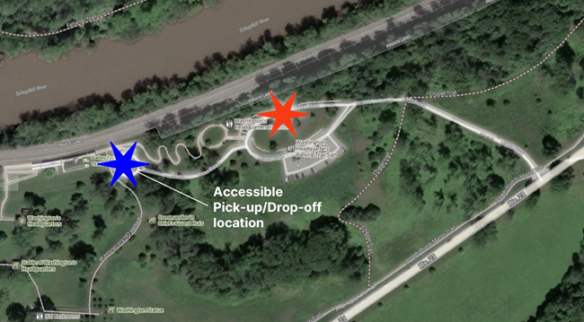 Aerial photo of Washington’s Headquarters with stars on River Road and near train station