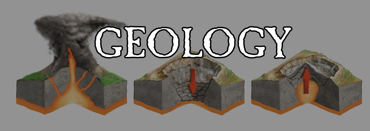 A diagram of a volcanic eruption, collapse, and resurgence with large text reading "GEOLOGY"