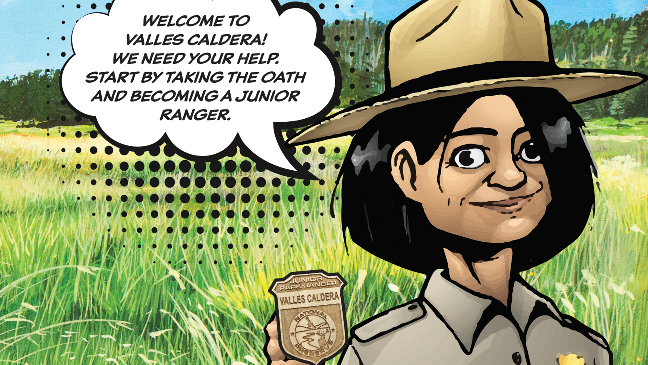 Illustration of a park ranger holding a Junior Ranger badge and inviting you to learn how to become a ranger.