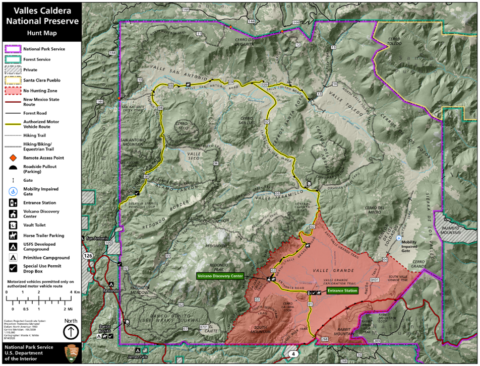 A map of Valles Caldera National Preserve showing no hunting zones in red.