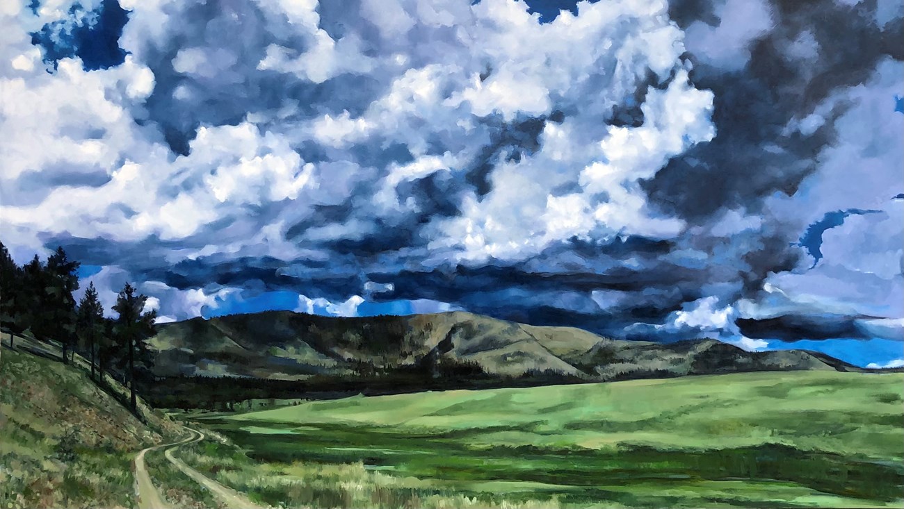 A landscape painting of a vast grassland and distant mountains beneath a moody, stormy sky.