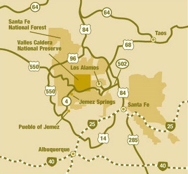 Map of Valles Caldera and nearby cities