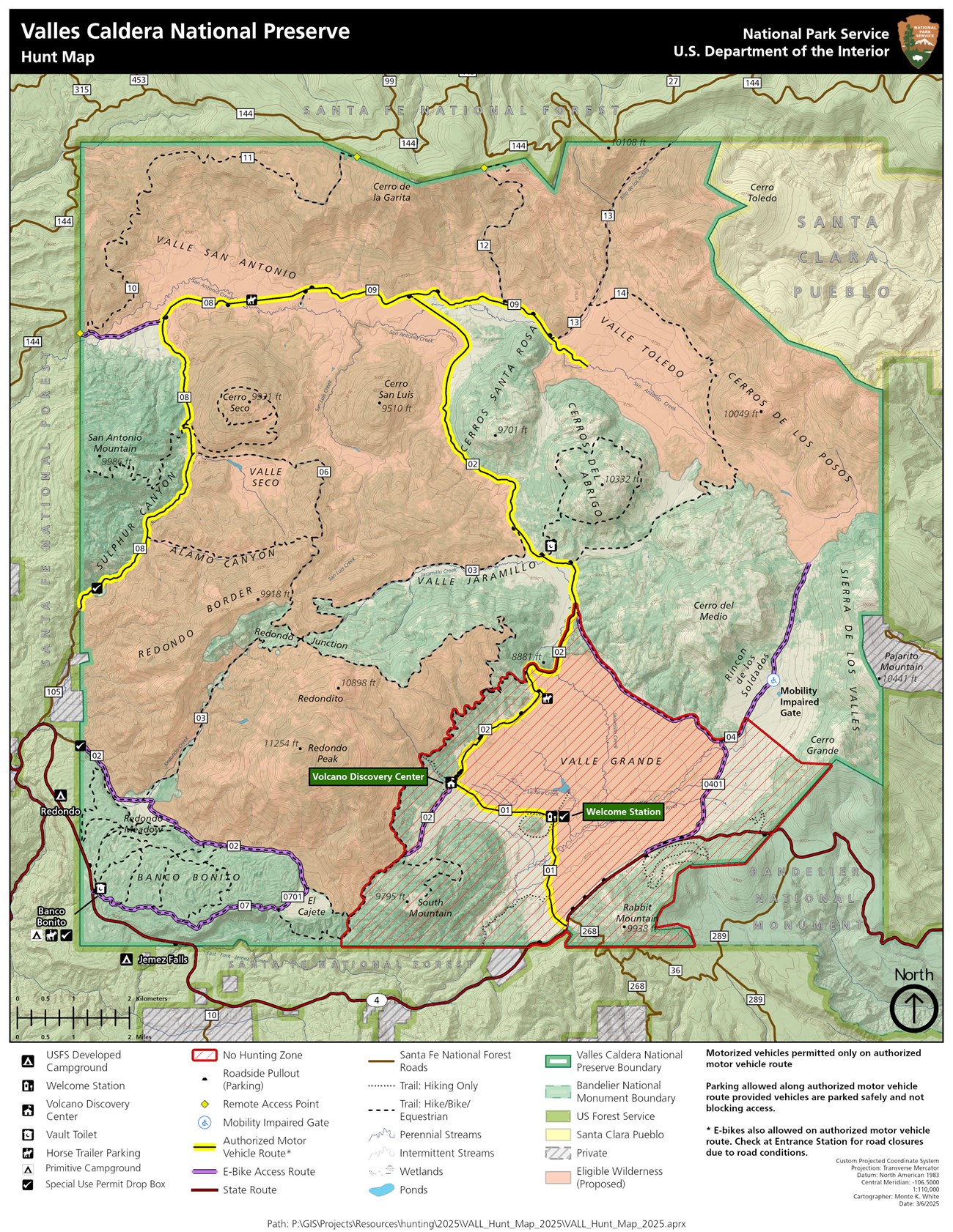 Map of Valles Caldera showing the no hunt zone in red, hunting access roads in yellow, and b-bike only routes in purple