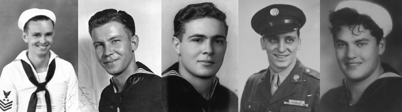 Service members who survived the Pearl Harbor attack, from left to right: Paul Goodyear, USS Oklahoma; Dale Augerson, USS West Virginia; Gerald Ross, USS Blue; John Seelie, Schofield Barracks; and Ralph Krafnick, USS New Orleans.