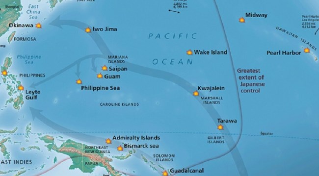 A map illustration showing the major battle sites of the Pacific War.