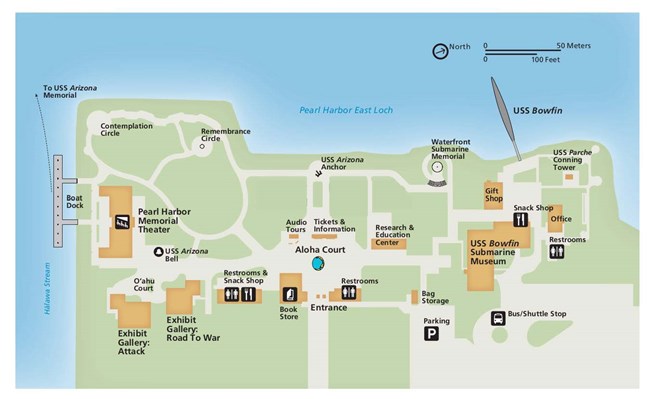 Map of Pearl Harbor Visitor Center, identifying Ticket and Information Booth, Restrooms, Theater, and additional points of interest